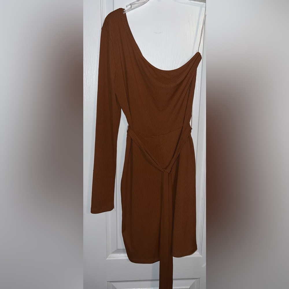 SHEIN One Shoulder Long Sleeve Brown Romper Belted Ribbed Size M